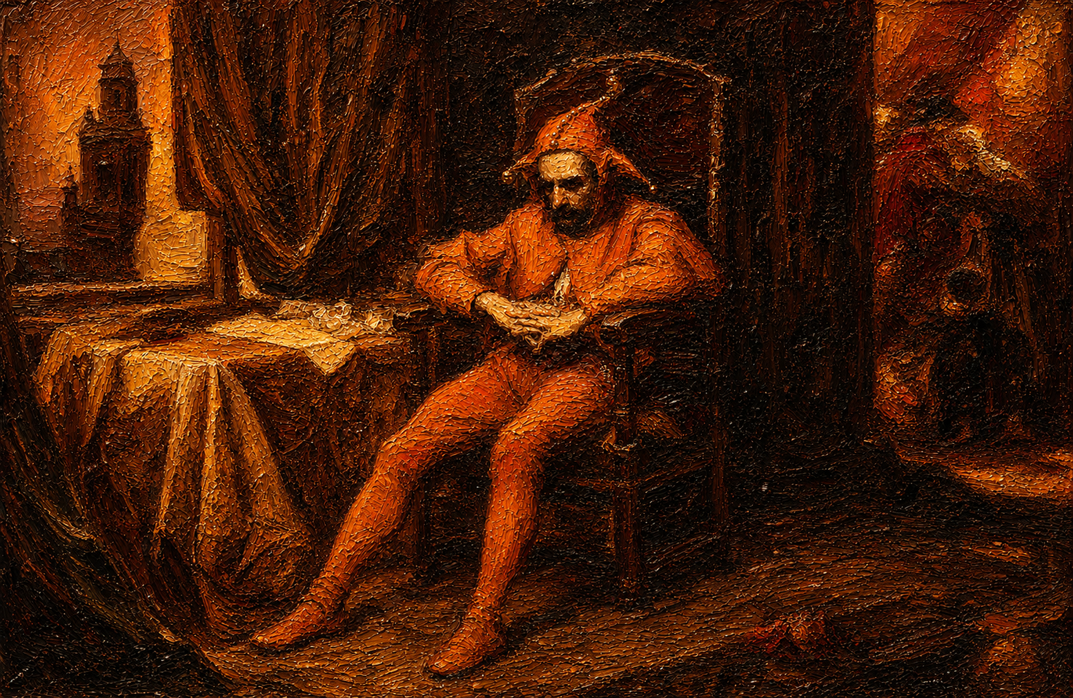 Pintura de um bobo da corte sentado sozinho à mesa, olhando para baixo